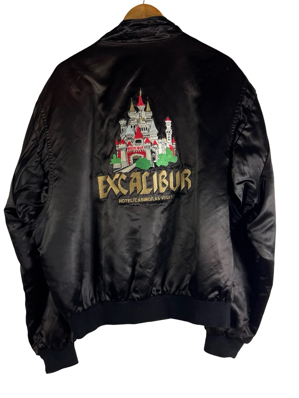 Vintage 70/ 80's Excalibur Las Vegas Black Satin Mens Casino Bomber Jacket XL